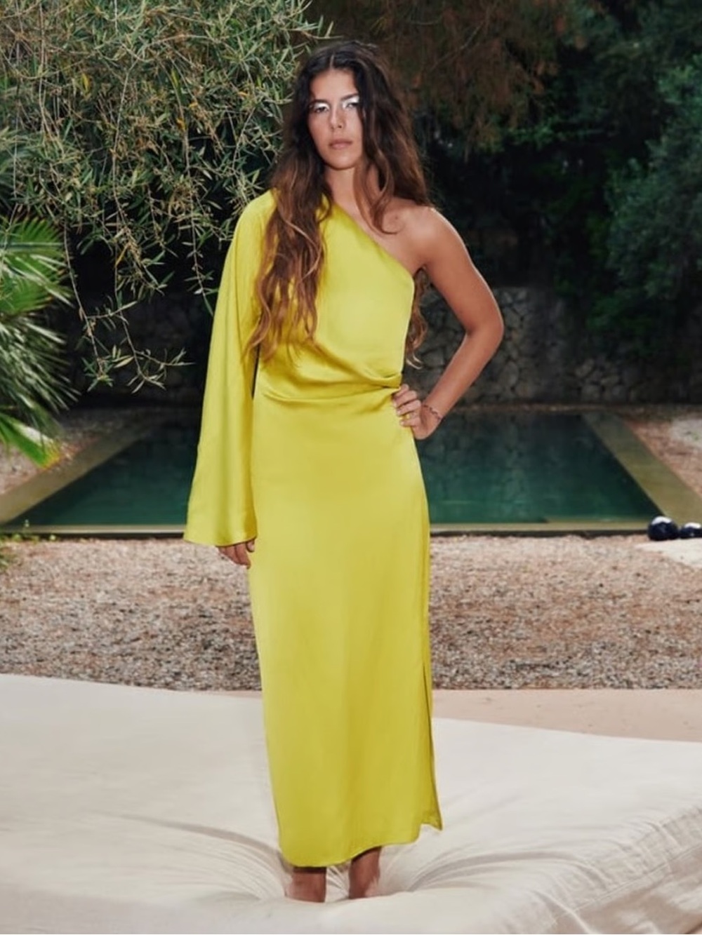 Zara One Sleeve Chartreuse Satin Midi Dress